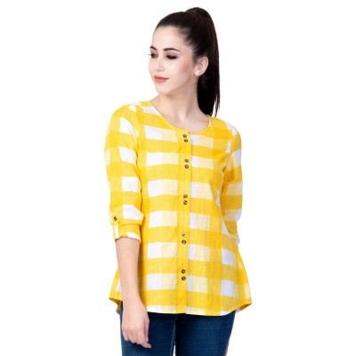 Yellow Womens Cotton Rayon Blend Casual Regular Sleeves Checkered Top