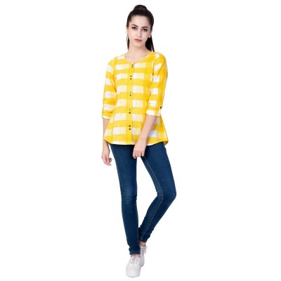 Yellow Womens Cotton Rayon Blend Casual Regular Sleeves Checkered Top