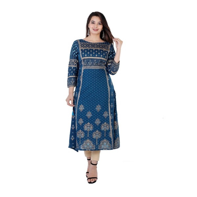 Women Dark Blue Abstract Rayon Kurta